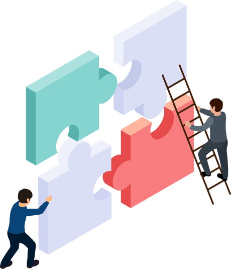 パズルのピースを押している人と、梯子を登る人のイラスト