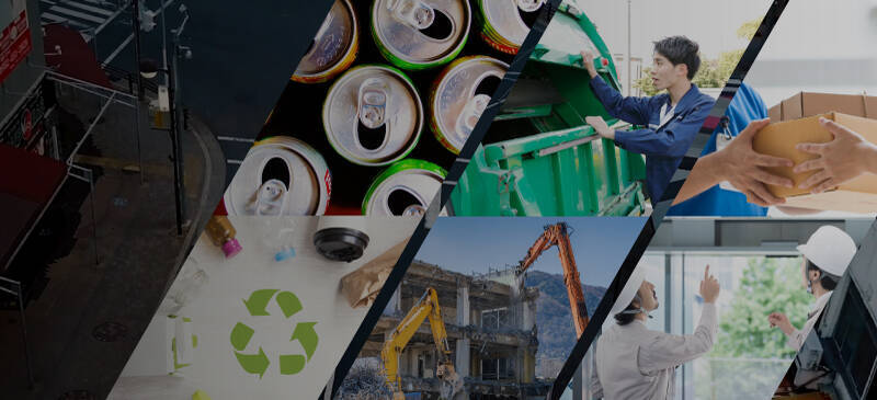 トラックが道路を走っている写真やごみ収集している写真