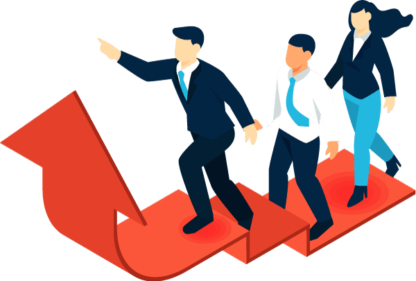 3人の社員が矢印の階段を登っているイラスト